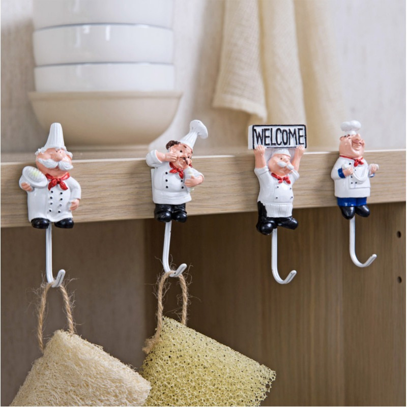 

4pcs Creative Cartoon Adhesive Chef Utility Hook - Wall Hanger And Plug Holder For Kitchen And Bathroom - Towel And Key Organizer