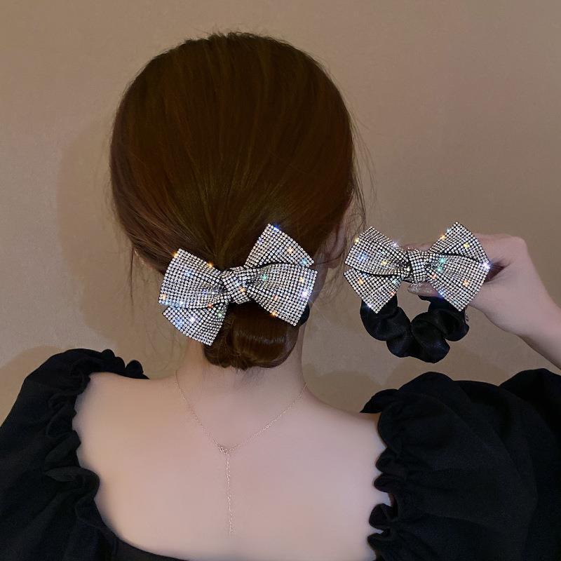

Elegant Bling Bling Rhinestone Bowknot Decorative Hair Loop Large Intestine Hair Tie For Women And Daily Use Wear