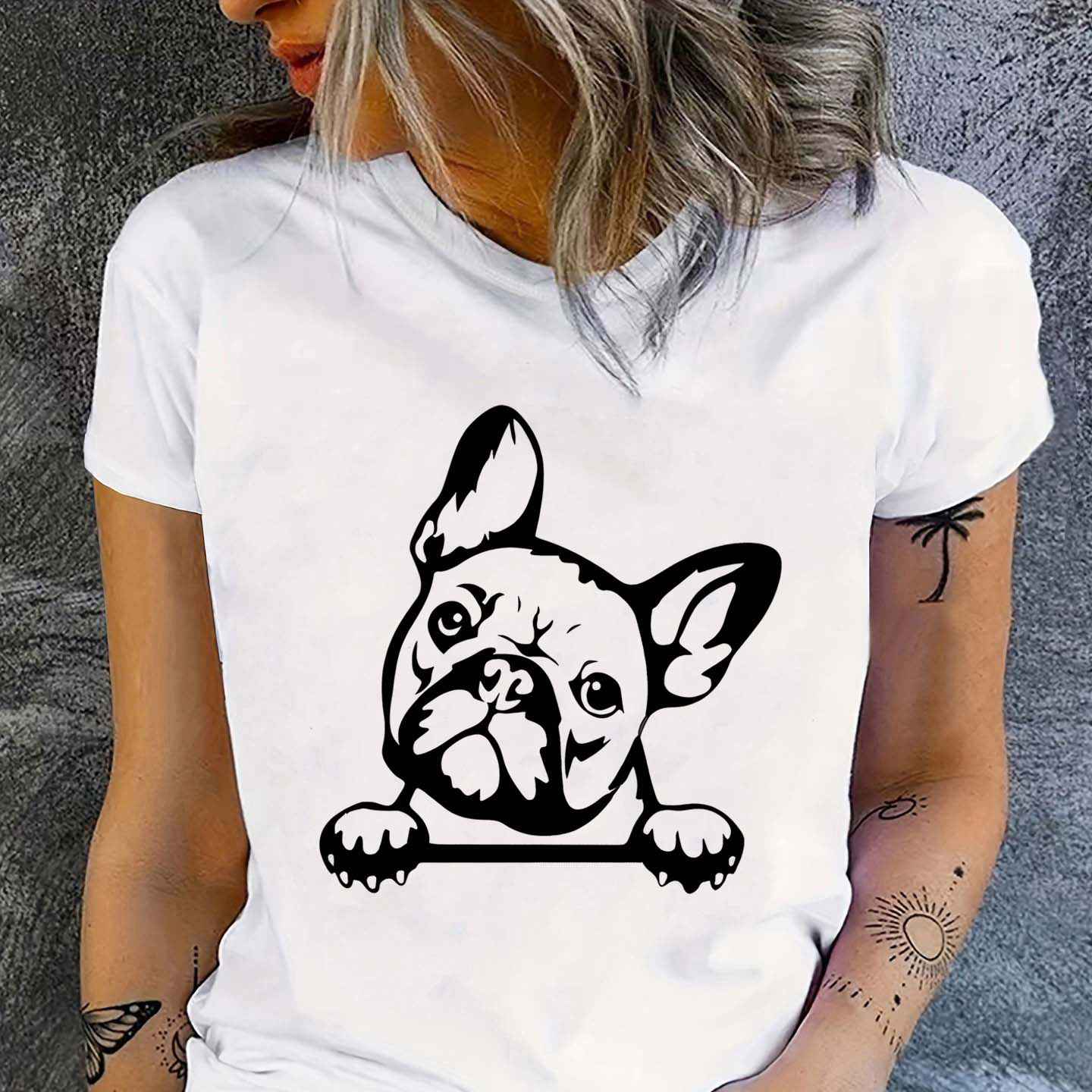 

Cute Dog Print Short Sleeve T-shirts, Crew Neck Casual Top For Summer & Spring, Women's Clothing