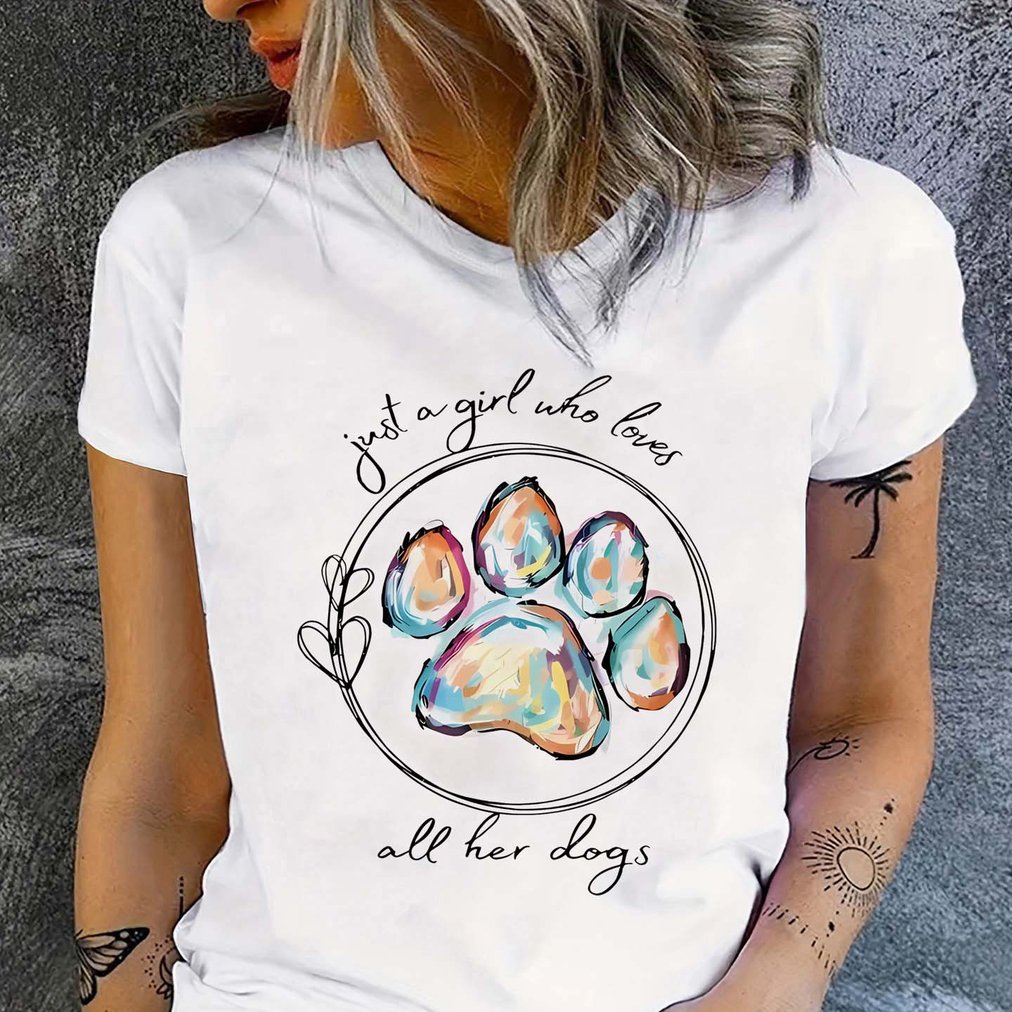 

Cute Dog Paw Print Short Sleeve T-shirts, Crew Neck Casual Top For Summer & Spring, Women's Clothing