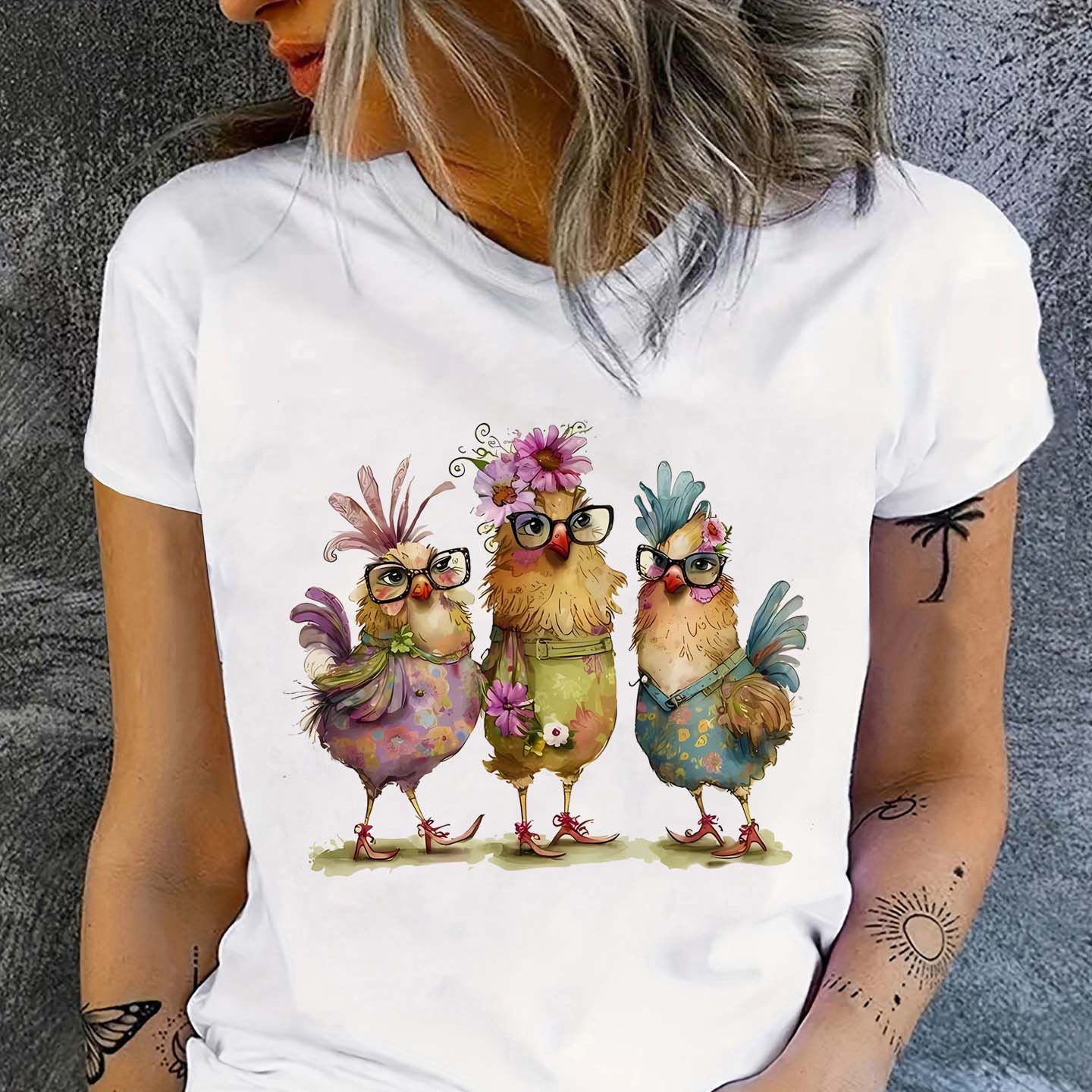 

T-shirts à manches courtes imprimé poulet mignon, haut décontracté à col rond pour l'été et le printemps, vêtements pour femmes