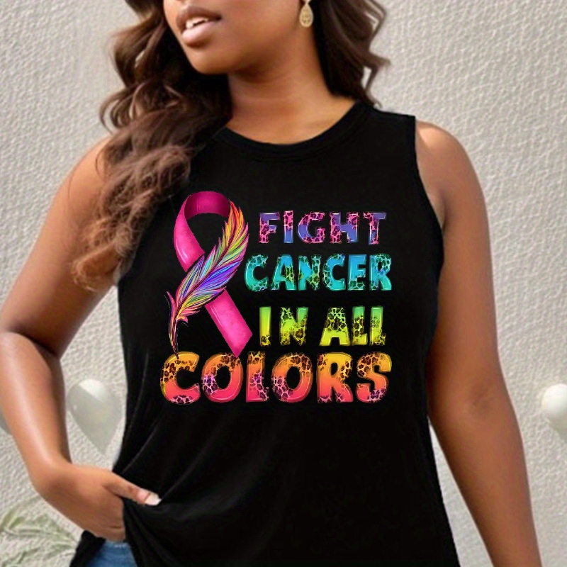 

Plus Size Fight Cancer Print Tank Top, Casual Sleeveless Crew Neck Top For Summer & Spring, Women's Plus Size Clothing