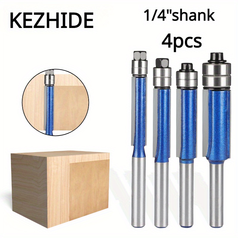 

4pcs Flush Trim Router Bit Set, Double Bearing, Silver Blue, Tungsten Steel Blades, Straight Cutter For Woodworking, Slotting, Alloy Cutting Heads, Metal Material