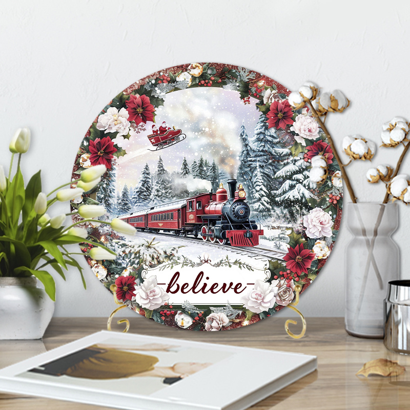 

Festive 8x8inch Aluminum Christmas Plate: Steam Train In Snow With Santa's Sleigh Flying Overhead - Perfect For Home, Coffee Shop, And Themed Decoration
