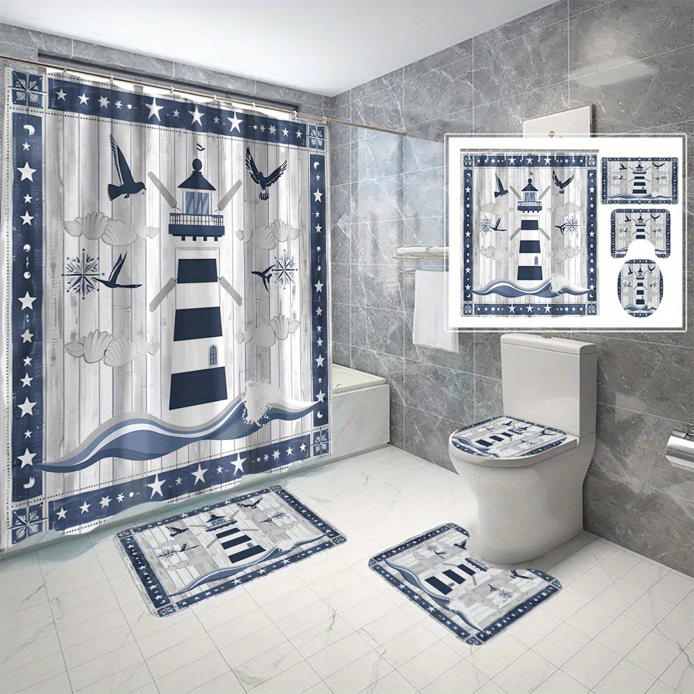 

4pcs Lighthouse Pattern Shower Curtain Set, Waterproof Shower Curtain With 12 Hooks, Non-slip Bath Mat, U-shaped Toilet Mat, Toilet Mat, Bathroom Accessories