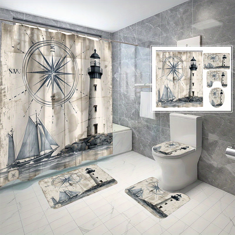 

4pcs Lighthouse Scenery Pattern Shower Curtain Set, Shower Curtain With 12 Hooks, Non-slip Bath Mat, U-shaped Toilet Mat, Toilet Mat, Bathroom Decor Accessories