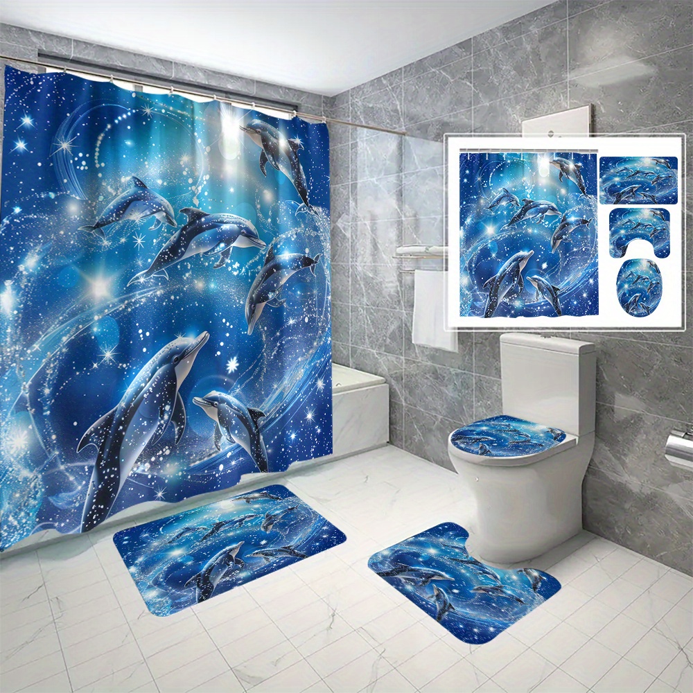 

4pcs Ocean Dolphin Pattern Shower Curtain Set, Shower Curtain With 12 Hooks, Non-slip Bath Mat, U-shaped Toilet Mat, Toilet Mat, Bathroom Decor Accessories