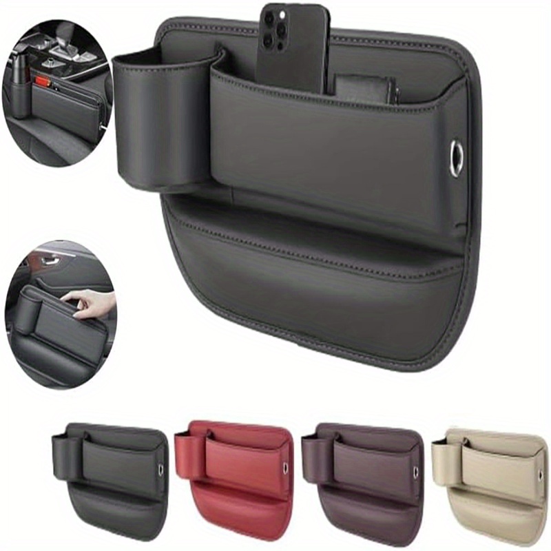 

Car Seat Gap Storage Organizer With Pu Leather Cup Holder - Adjustable Car Seat Gap Bag For Phones, Glasses, Keys, Cards - Black