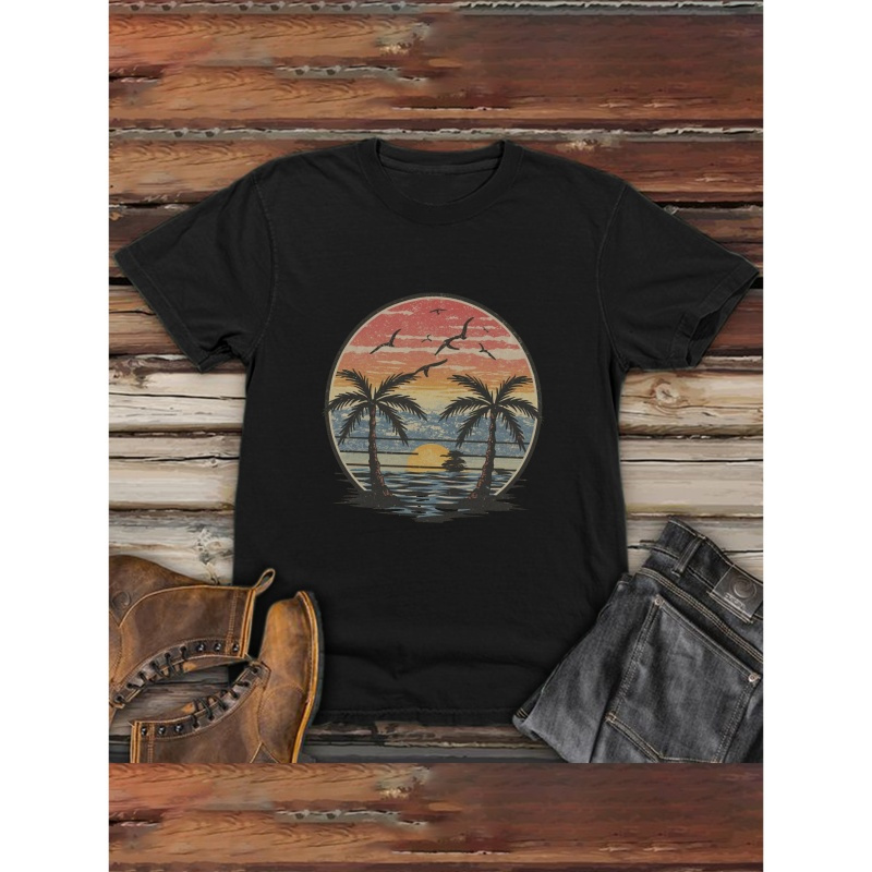 

Vintage Sunset With Flamingo Sky Print Tee Shirt, Tees For Men, Casual Short Sleeve T-shirt For Summer