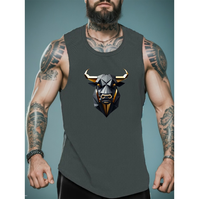 

Bull Head Print Men's Summer Quick Dry Moisture-wicking Breathable Tank Tops Athletic Gym Bodybuilding Sports Sleeveless Shirts, For Workout Running Training Men's Clothes