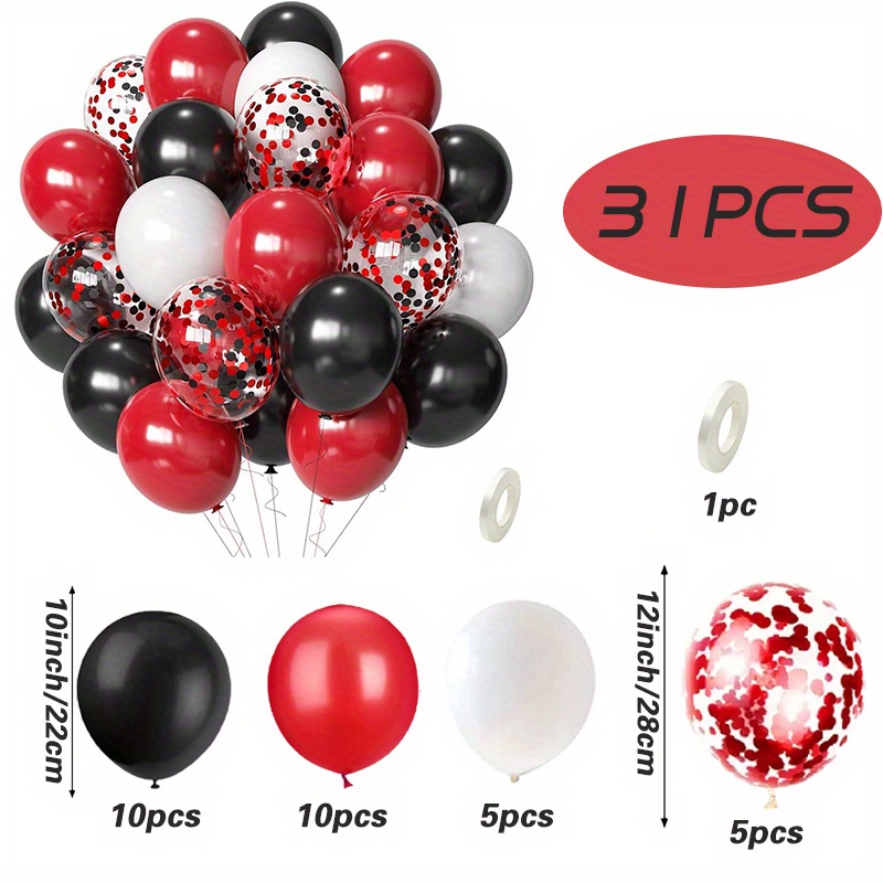 TEMU 31pcs Red, White And Black Shredded Latex Balloons, Suitable For Wedding Decoration, Birthday Party Decoration, Anniversary Celebration