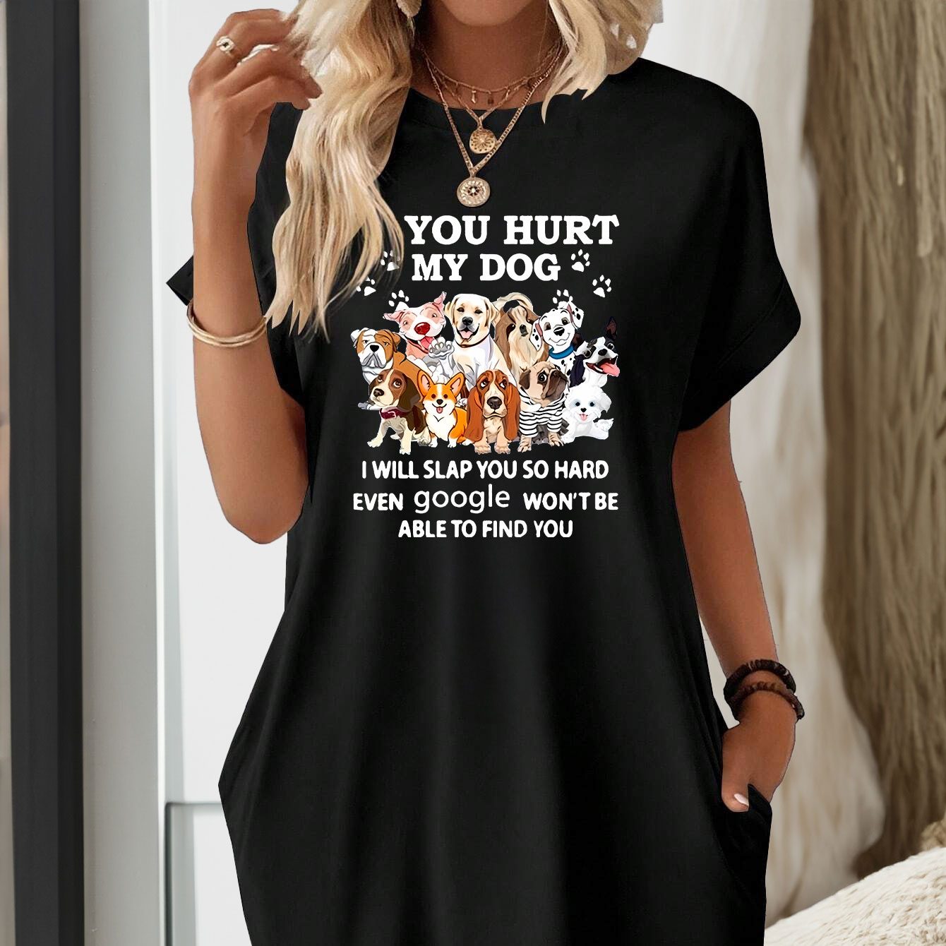 

Women's Cute Puppy & Slogan Print Lounge Dress, Batwing Sleeve Round Neck Tee Dress With Pockets, Comfortable Nightgown