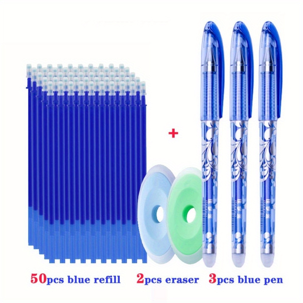 

55pcs/set Erasable Erasable Gel Pens, 50pcs Refills+3pcs Pens+2pcs Pen Erasers, 25 Erasable Pens Set, 0.5mm Blue Ink Writing Gel Pens, Washable Handle, Suitable For School Office Stationery Supplies