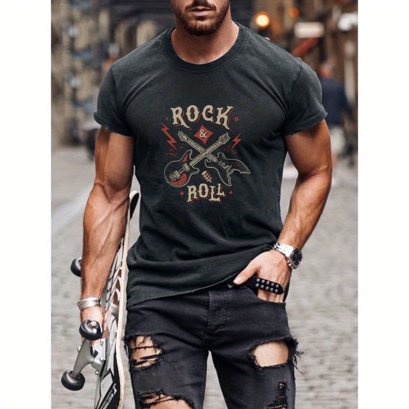 

Guitar Music Rock Roll Print, Men's Round Crew Neck Short Sleeve, Simple Style Tee Fashion Regular Fit T-shirt, Casual Comfy Top For Spring Summer Holiday Leisure Vacation Men's Clothing As Gift