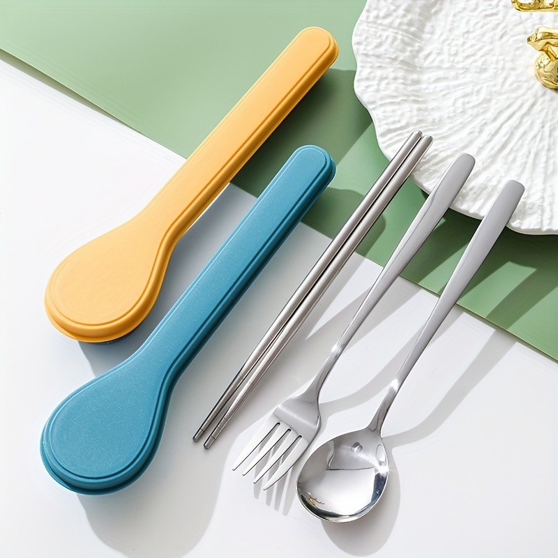 1 set stainless steel cutlery reusable food contact safe tableware portable fork and spoon set with storage box travel utensils details 1