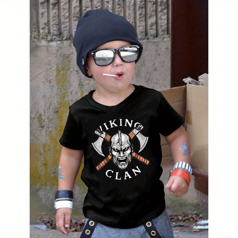 

Viking Print Comfy T-shirt For Boys, Short Sleeve Casual Top, Summer Outdoor Daily Wear