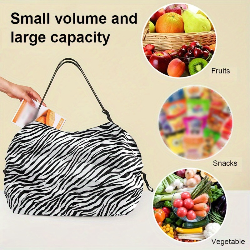 

Zebra Print Large Capacity Foldable Shopping Bag, Portable Tote For Clothes, Travel Bag With Roll-up Storage Design, With Adjustable Strap