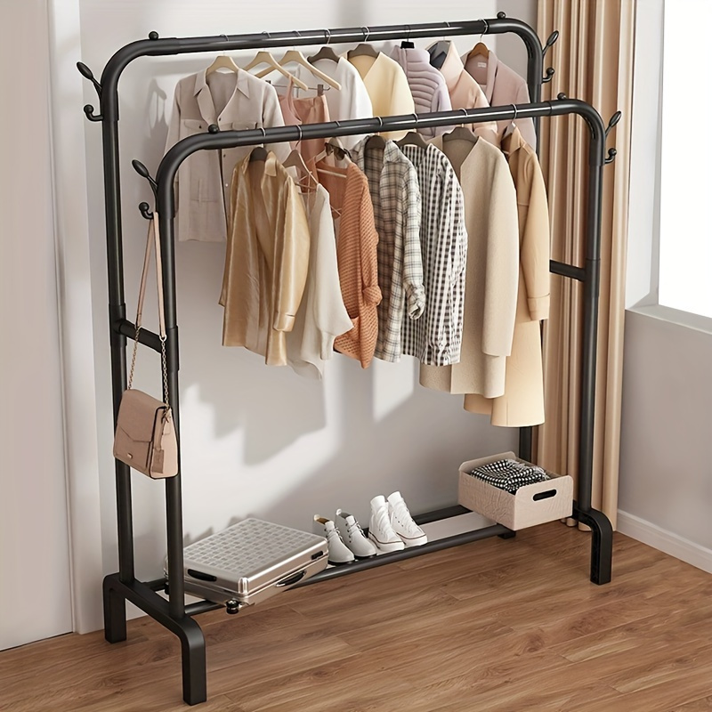 

1pc Adjustable Double Rod Garment Rack, Floor-standing Plastic Coat Hanger, Space-saving Bedroom & Balcony Clothes Organizer, Easy Assembly Required, Ideal Home Supplies