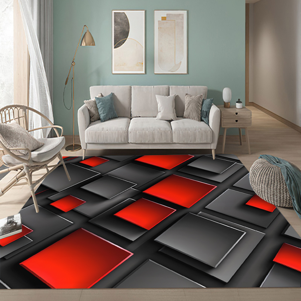 

1pc Geometric Abstract Area Rug, Non-slip Nordic Bathroom Mat, 3d Red And Black Square Pattern, Soft Plush Entrance Doormat, Stylish Living Room Carpet, Home Decor Floor Mat