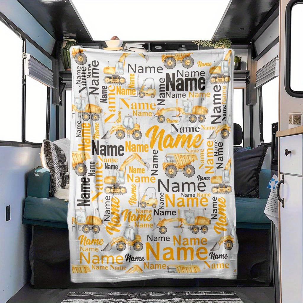 

Custom Name Excavator Art Blanket - Soft Polyester, Perfect For Car & Rv Naps, Gray & White