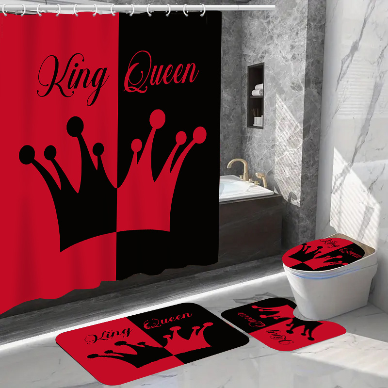 

1/4pcs 2 Tone Crown Pattern Shower Curtain Set, Waterproof Bath Curtain With Hooks, U-shaped Mat, Toilet Cover Mat, L-shaped Mat, Bathroom Accessories, Bathroom Decorations
