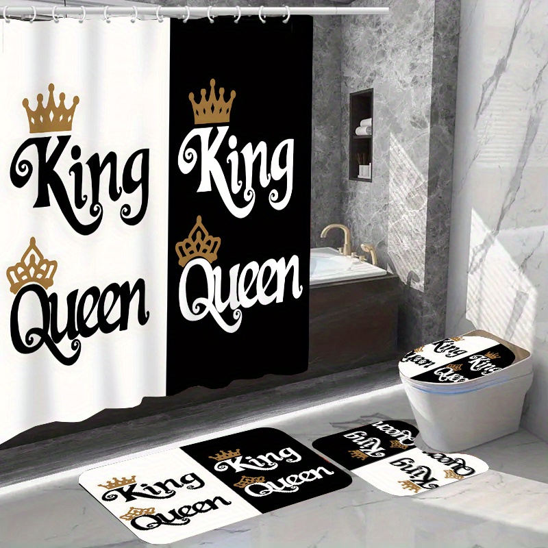 

1/4pcs Crown King Queen Pattern Set, Waterproof Bath Curtain With Hooks, U-shaped Mat, Toilet Cover Mat, L-shaped Mat, Bathroom Accessories, Bathroom Decorations