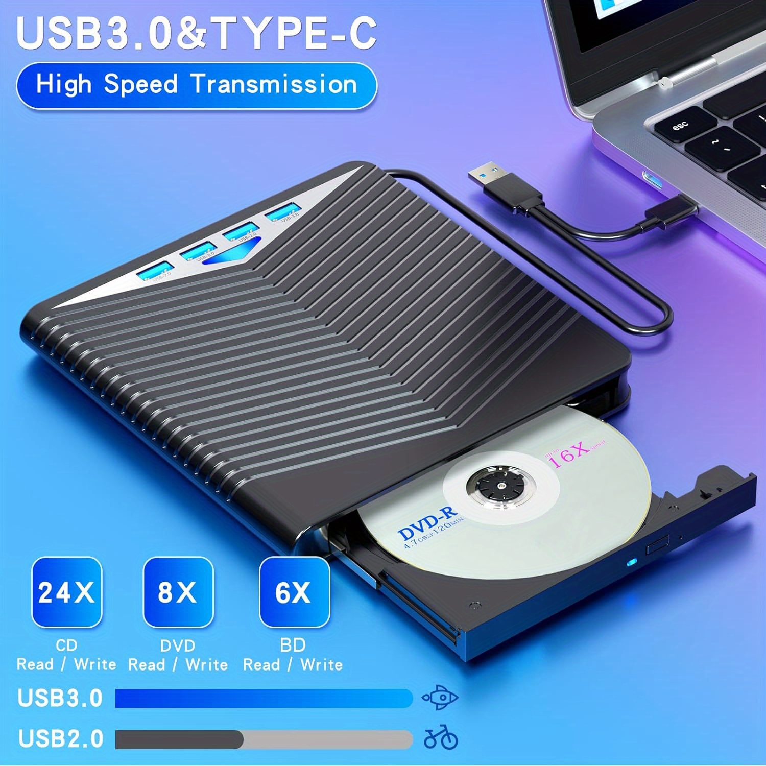 

Multifunctional External Cd Dvd Drive, Usb 3.0 Type-c Cd Dvd +/-rw Optical Drive Cd Burner, Ultra-slim Drive With 4 Usb Ports And Sd/tf Card Slots, Compatible With Linux Windows