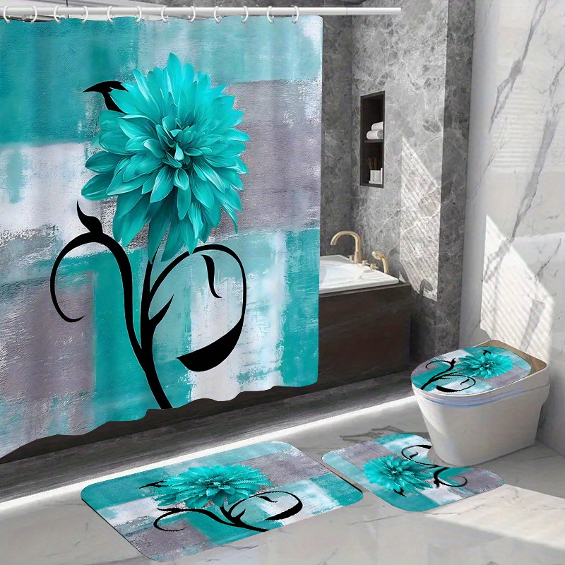 

1/4pcs Floral Pattern Shower Curtain Set, Waterproof Bath Curtain With Hooks, U-shaped Mat, Toilet Cover Mat, L-shaped Mat, Bathroom Accessories, Bathroom Decorations