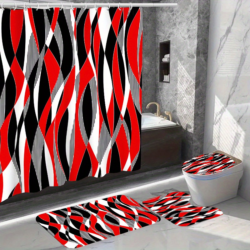 

1/4pcs Red Wavy Stripe Pattern Set, Waterproof Bath Curtain With Hooks, U-shaped Mat, Toilet Cover Mat, L-shaped Mat, Bathroom Accessories, Bathroom Decorations