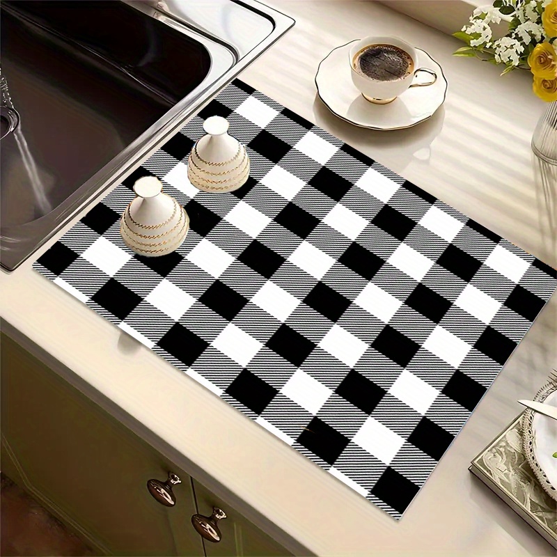 

1pc, Drain Pad, Simple Black And White Grid Tableware Drying Mat, Tableware Draining Mat, Bar Mat, Tabletop Dining Table Decoration Mat, Kitchen Countertop Tableware Drying Mat, Kitchen Supplies