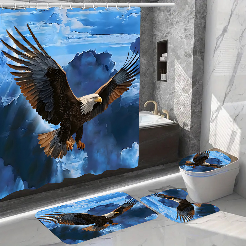 

1/4pcs Eagle Pattern Shower Curtain Set, Waterproof Bath Curtain With Hooks, U-shaped Mat, Toilet Cover Mat, L-shaped Mat, Bathroom Accessories, Bathroom Decorations