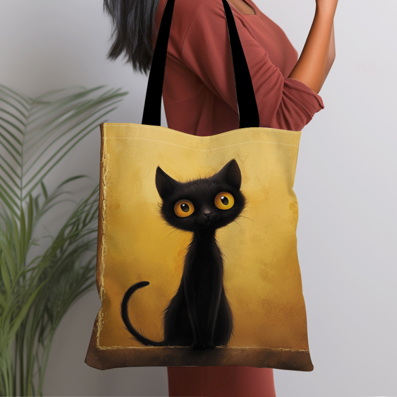 

1pc Cute Cat Pattern Canvas Tote Bag, Lightweight Grocery Shopping Bag, Casual Canvas Shoulder Bag For School, Travel