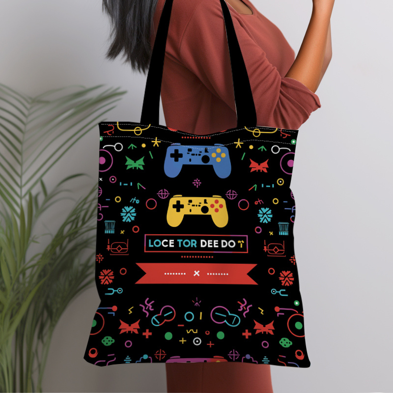 

1pc Game Consoles, Game Time Pattern Canvas Tote Bag, Lightweight Grocery Shopping Bag, Casual Canvas Shoulder Bag For School, Travel