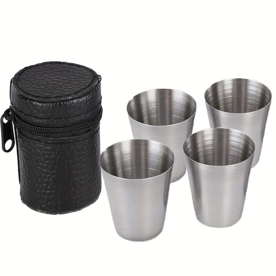 

4pcs/set Stainless Steel Cups, Unbreakable And Stackable Metal Drinking Glasses With Black Pu Leather Case, Ideal For Party, Outdoor, Hiking, Camping, Picnic