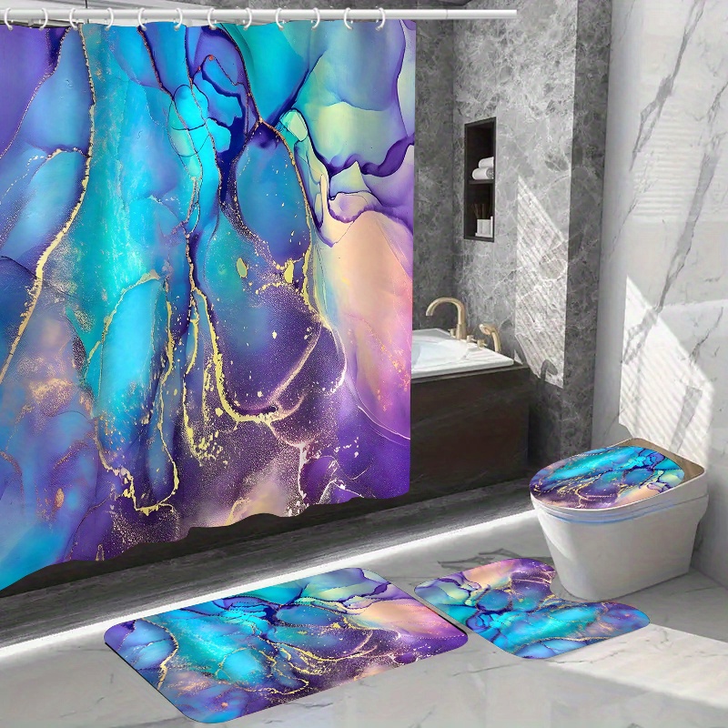 

1/4pcs Marble Pattern Shower Curtain Set, Waterproof Bath Curtain With Hooks, U-shaped Mat, Toilet Cover Mat, L-shaped Mat, Bathroom Accessories, Bathroom Decorations