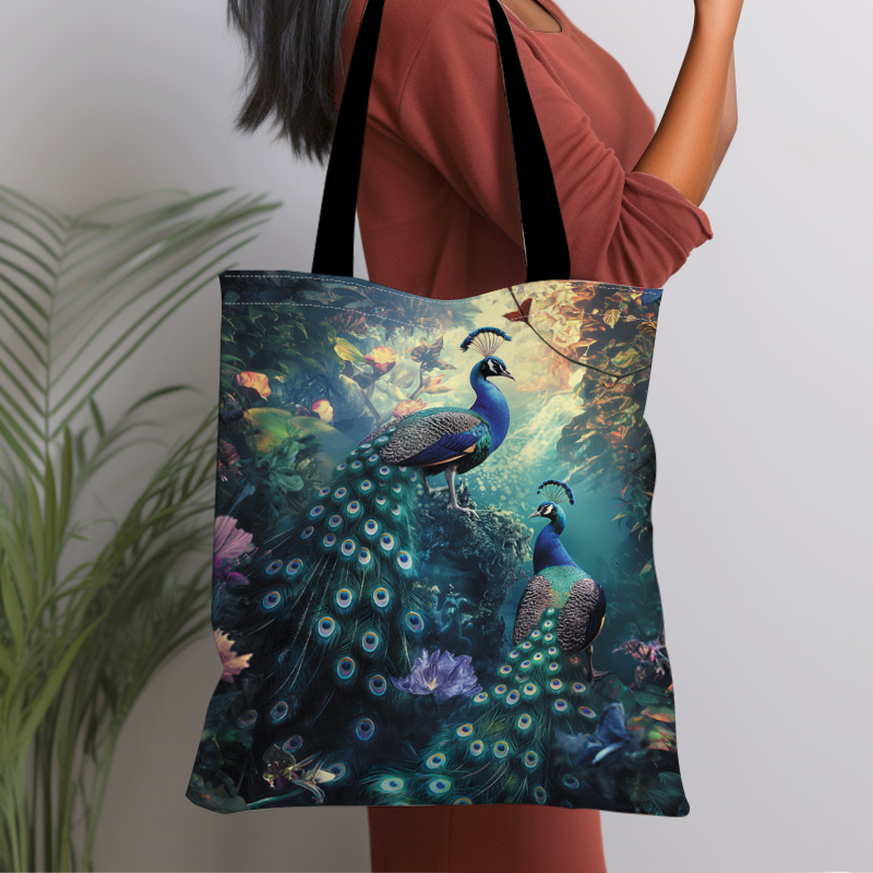 

1pc Beautiful Peacock Pattern Canvas Tote Bag, Lightweight Grocery Shopping Bag, Casual Canvas Shoulder Bag For School, Travel