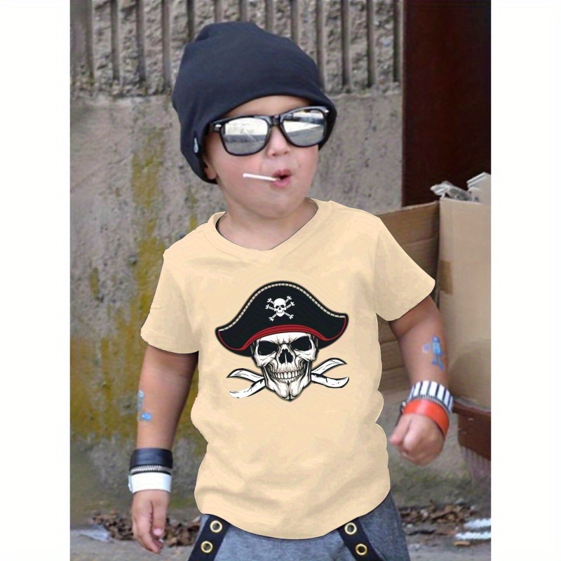 

Pirate Skull Print Comfy T-shirt For Boys, Short Sleeve Casual Top, Summer Outdoor Daily Wear