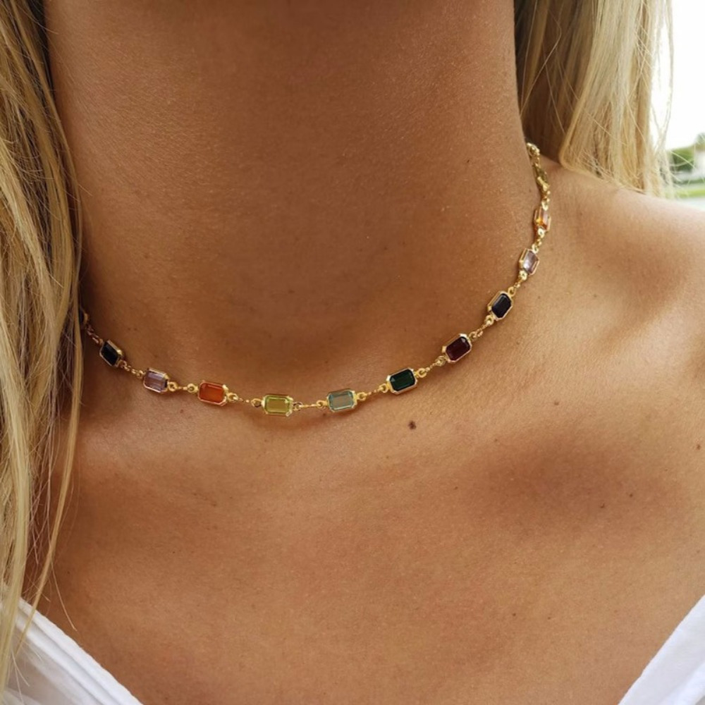 

1pc Colorful Crystal Link Necklace, Rainbow Crystal Double-sided Choker, Luxury Court Style, Perfect For Daily Wear, Vacation, Music Festival, Party Accessory