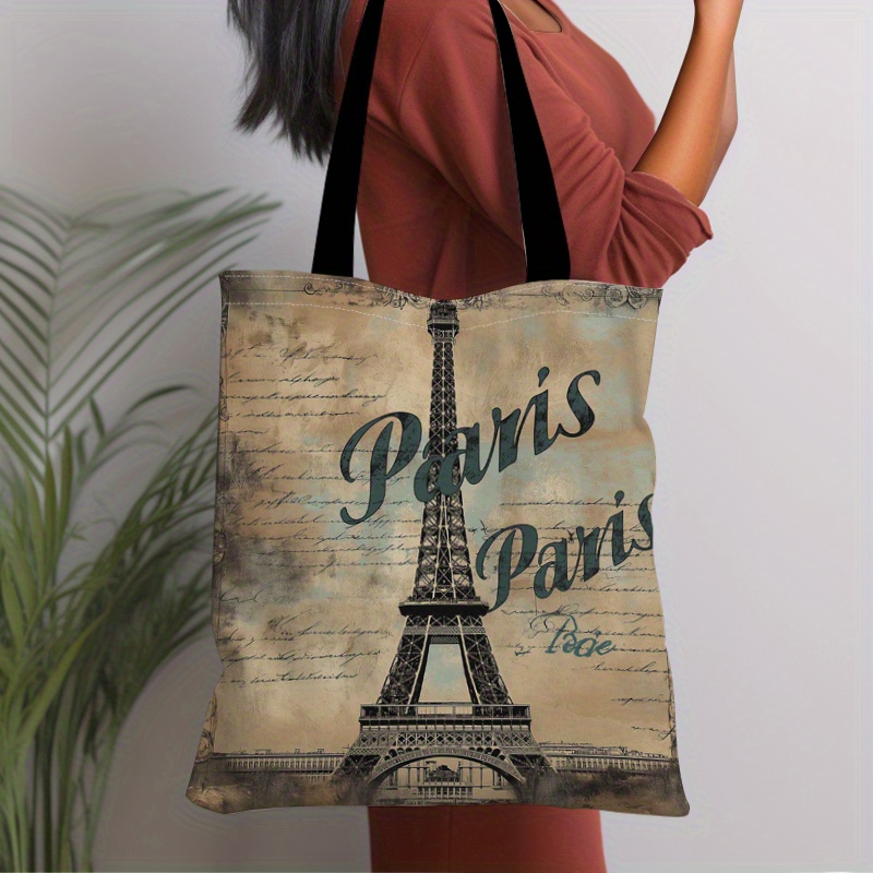 

1pc Famous Building Pattern Canvas Tote Bag, Lightweight Grocery Shopping Bag, Casual Canvas Shoulder Bag For School, Travel