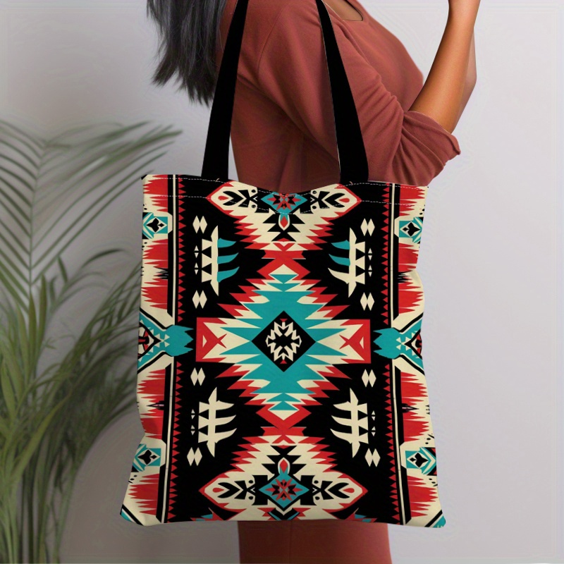 

1pc Aztec Tribal Art Canvas Tote Bag, Lightweight Grocery Shopping Bag, Casual Canvas Shoulder Bag For School, Travel