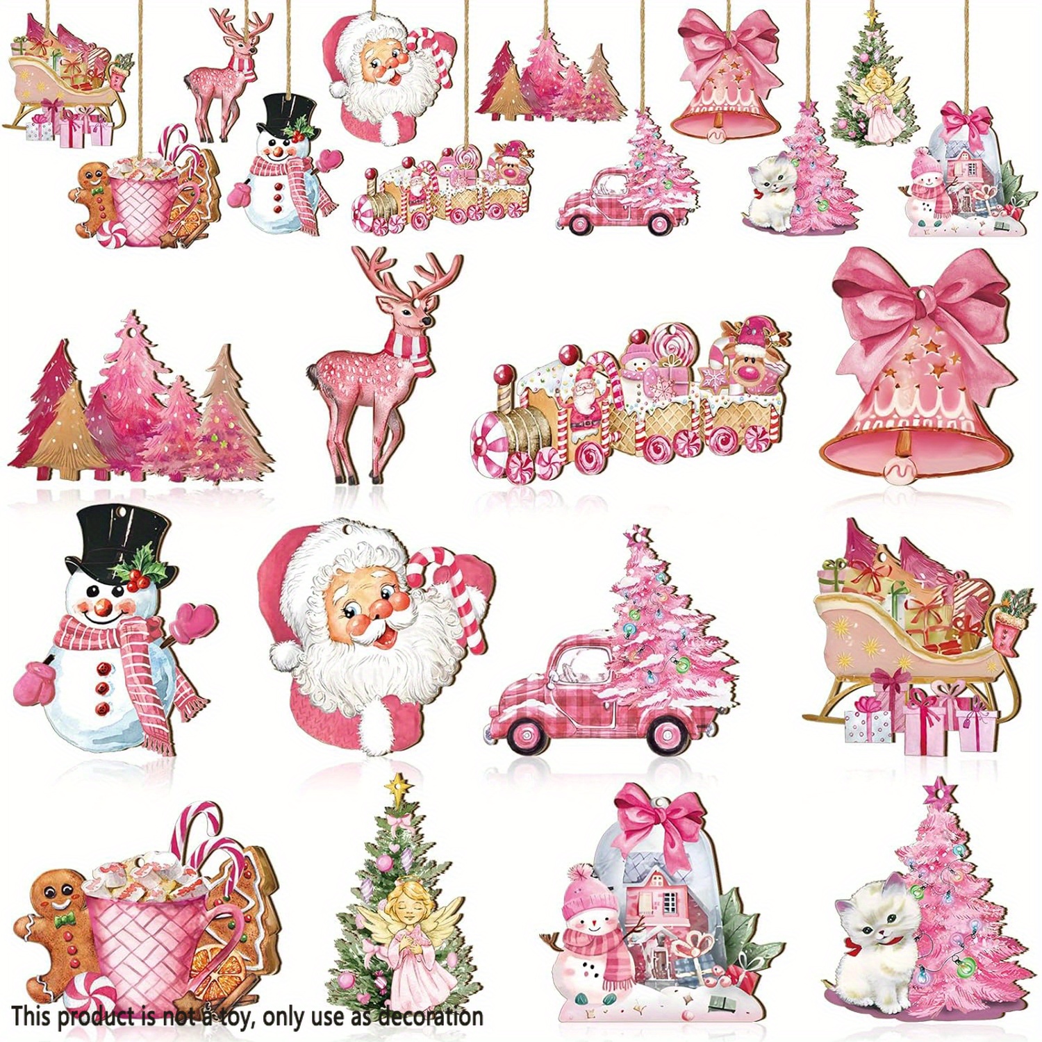 

24pcs, Christmas Pink Style Santa Claus Christmas Tree Elk Snowman Wooden Hanging Ornaments, Party Decor, Tree Decorations, Garden Yard Decoration, Holiday Supplies