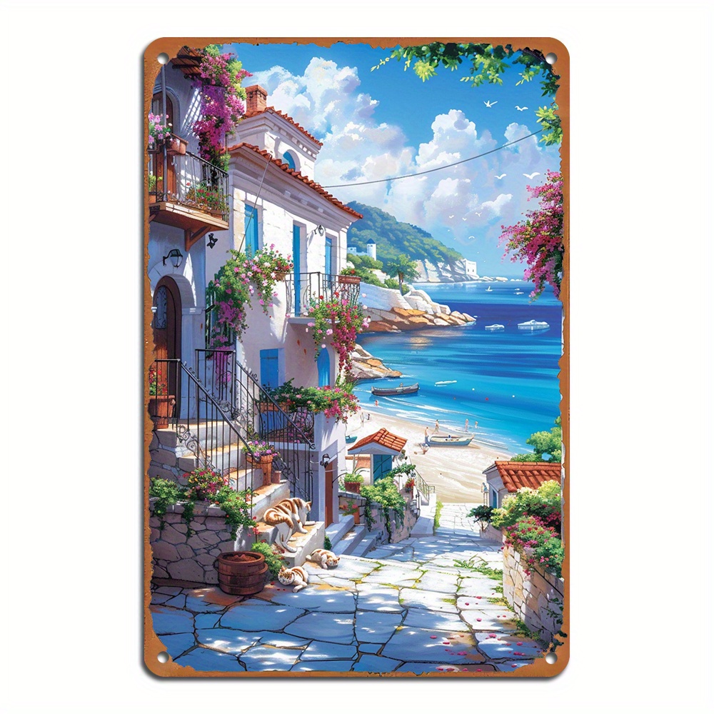 

1pc, Metal Tin Sign Greek Village Street Wall Decor Signs Aluminum Metal Tin Sign For Home Bar Pub Club Cafe Living Room Decorative Gift (8x12inch/20*30cm)