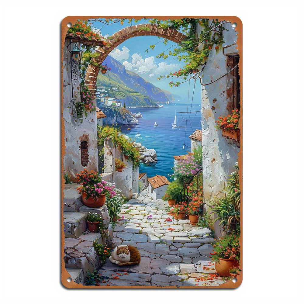 

1pc, Vintage Tin Sign Greek Village Street Wall Sign Durable Wall Hanging Plaque Multipurpose Retro Home & Bar Decor(8x12inch/20*30cm)