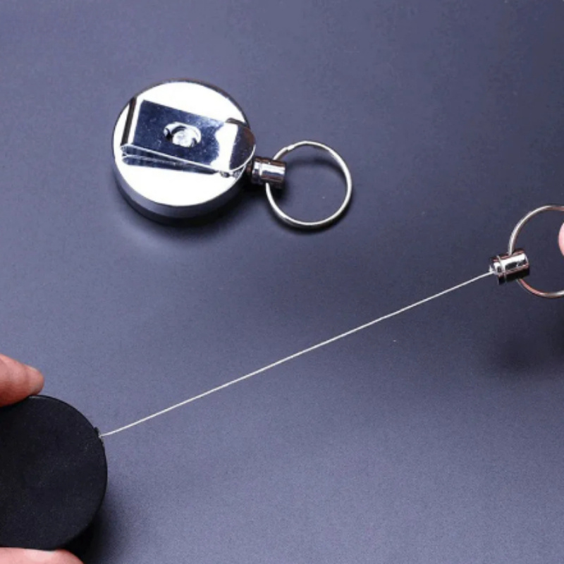 1pc resilience steel wire rope elastic keychain recoil sporty retractable alarm keyring details 1