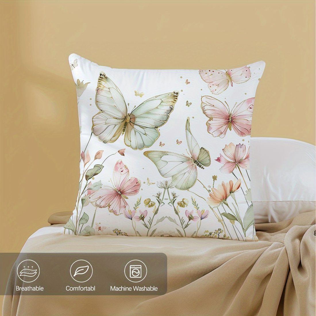 

1pc Butterfly & Floral Print Soft Peach Skin Velvet Pillow Cover 45cm X 45cm (17.7in X 17.7in), Contemporary Style, Single-sided Cushion Case For Sofa, Breathable And Machine Washable
