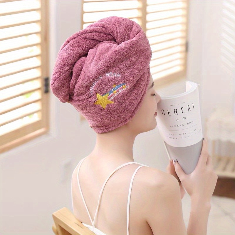 

Quick-dry Hair Towel Wrap For Women, Rainbow Star Embroidered, Super Absorbent Microfiber, Soft & Lightweight, Bathroom Essential With Button Closure - Ideal For Daily Use