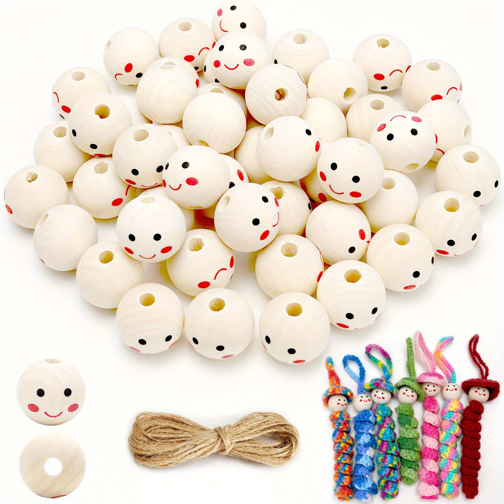 

50pcs 25mm Smile Face Wooden Beads, Loose Beads For Wreath Garland Jewelry Making, Diy Rustic Farmhouse Decor Crafts With Smooth Finish