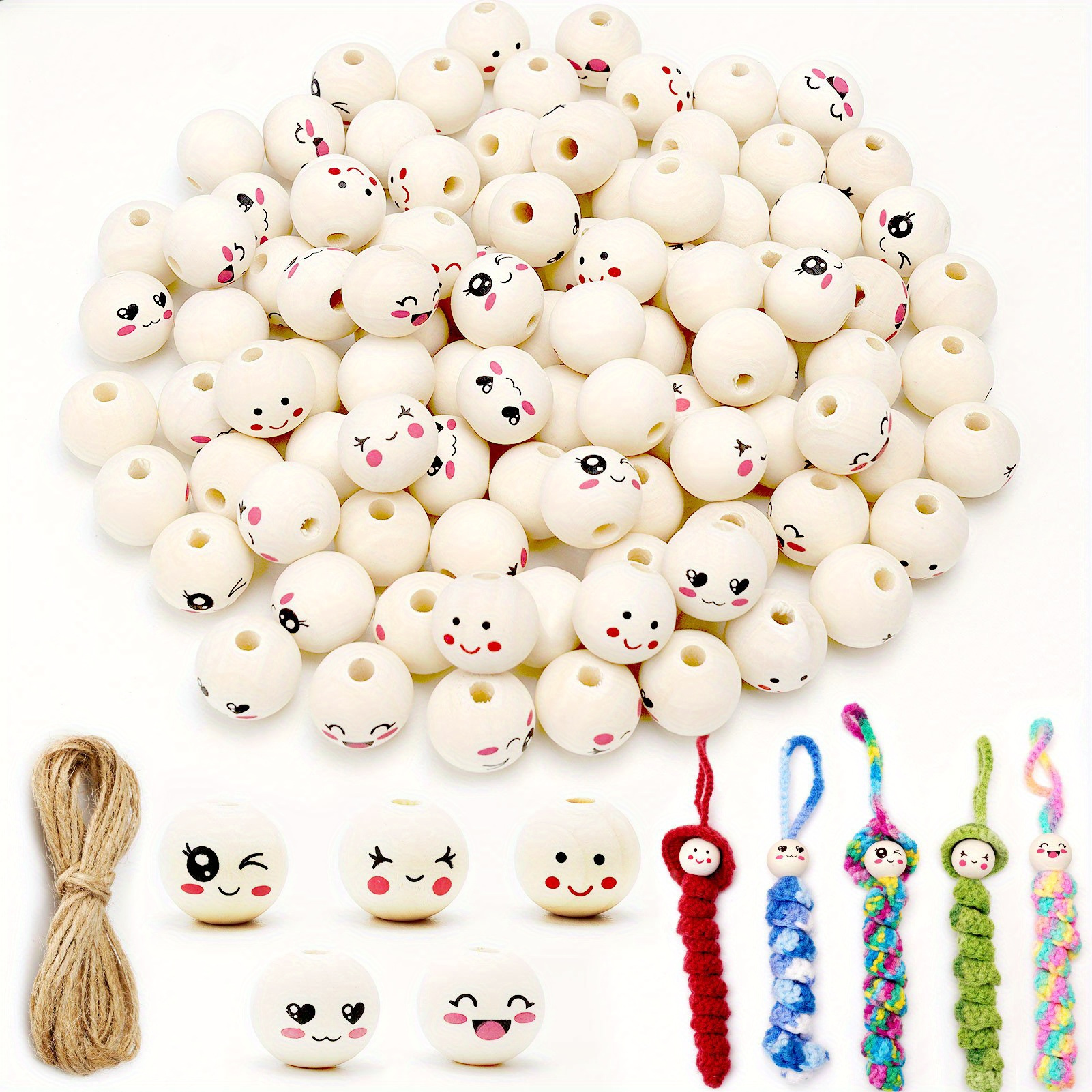 

100pcs 20mm Wooden Beads For Crafts, Assorted Smile Face Patterns, Bulk Beads For Garland Trim Jewelry Making Diy Farmhouse Decors -beading Supplies