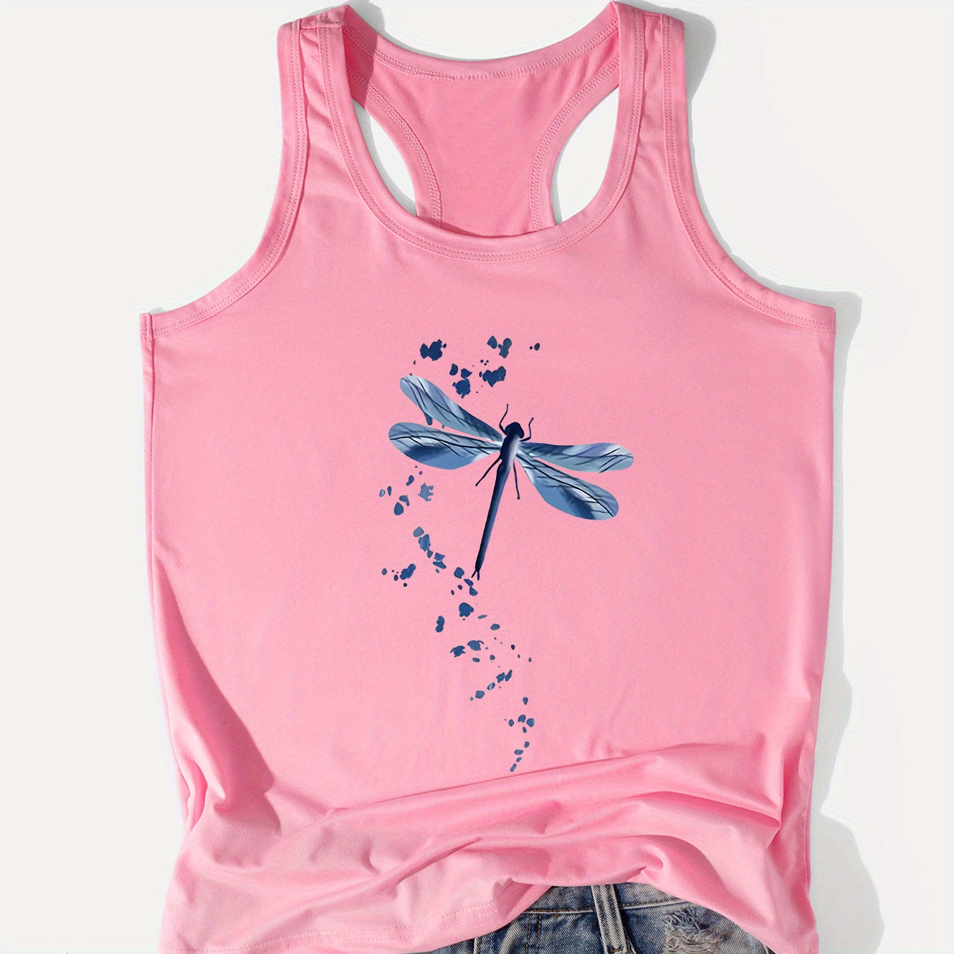 

Dragonfly Print Crew Neck Tank Top, Casual Sleeveless Tank Top For Summer, Women's Clothing