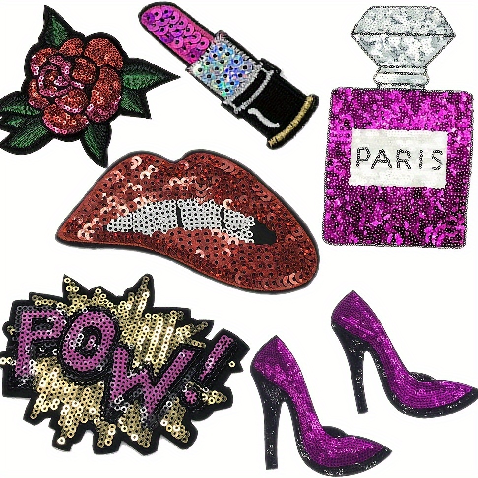 

7pcs Assorted Sequins Iron-on Patches, Punk Rock Design, Diy Sewing & Embroidery Appliques With Diamond Accents For Clothes And Accessories